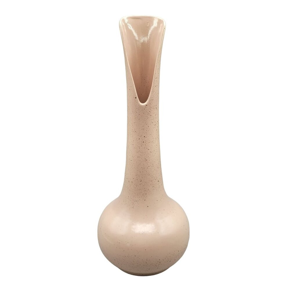 Pottery Vase Pink Speckled Glaze Boho Mid Century Long Neck Cut Out Neck 14"